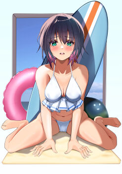 1girl absurdres aoi_erika aqua_eyes ball barefoot beach beach_towel beachball bikini black_hair blush breasts cameltoe collarbone colored_inner_hair feet frilled_bikini frills full_body green_eyes heaven_burns_red highres looking_at_viewer medium_breasts medium_hair multicolored_hair narby_(heaven_burns_red) natsuki_(muravito) navel open_mouth pink_hair purple_hair sand short_hair sitting solo surfboard swim_ring swimsuit teeth towel two-tone_hair wariza white_bikini window