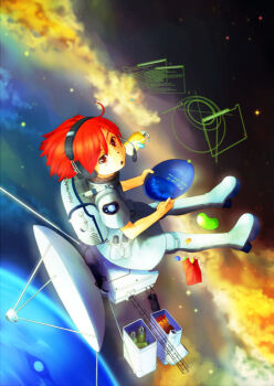 1girl astronaut binoculars boots can candy commentary_request deep_space_probe drink_can food headset holding jelly_bean kamatahi looking_up open_mouth original planisphere red_eyes red_hair sitting soda_can solo space white_boots