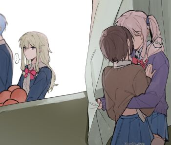 ... 1boy 1other 2girls akiyama_mizuki androgynous aoyagi_touya blue_hair blue_skirt bow bowtie brown_hair collared_shirt commentary curtain_grab curtains green_hair hand_under_clothes haruka_3442 highres jacket kamiyama_high_school_uniform_(project_sekai) kiss kusanagi_nene long_hair long_sleeves low-tied_sidelocks multiple_girls pink_hair pleated_skirt project_sekai purple_eyes red_bow red_bowtie school_uniform shinonome_ena shirt short_hair sidelocks skirt spoken_ellipsis symbol-only_commentary