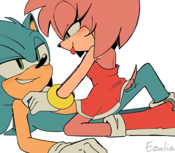 amy_rose back blue_fur blue_hair blush boots couple dress ezaliaaaa02 gloves green_eyes grin highres inminent_sex legs looking_at_another lying medium_hair naughty_face pink_fur pink_hair riding seductive_smile sega sitting sitting_on_person smile sonamy sonic_(series) sonic_the_hedgehog tail tail_wagging tongue tongue_out