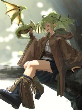 1girl boots brown_robe closed_eyes dragon duel_monster green_hair highres long_hair long_sleeves petit_dragon ponytail puka_(puka_bgart) robe shirt sitting skirt white_shirt wide_sleeves wynn_(yu-gi-oh!) wynn_the_wind_charmer yu-gi-oh!