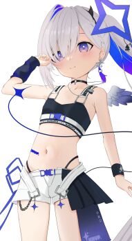 1girl absurdres amane_kanata amane_kanata_(lock_on) angel arm_warmers badao bare_shoulders belt black_choker blue_eyes blue_hair chain choker commentary_request crop_top earrings feathered_wings halo highres hololive jewelry looking_at_viewer multicolored_hair navel official_alternate_costume ponytail shorts simple_background smile star_(symbol) virtual_youtuber white_hair white_shorts wings