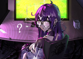 1girl ? alternate_costume alternate_universe blunt_bangs blush chair closed_mouth clothing_cutout commentary computer confused controller cum cum_on_body cum_on_hair cum_string cup dark_room dynamotor earpiece earrings english_commentary facial game_controller genshin_impact glasses hair_down head_tilt highres holding holding_controller holding_game_controller indoors jewelry long_hair long_sleeves looking_at_viewer looking_to_the_side messy_hair monitor off_shoulder on_chair playing_games purple_eyes purple_hair raiden_shogun raiden_shogun_(2nd_anniversary) screen_light shade shoulder_cutout sitting solo table upper_body