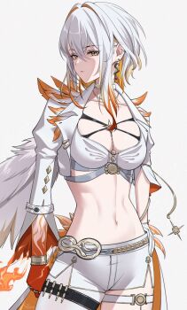 1girl bra breasts cleavage closed_mouth colored_extremities commentary_request cowboy_shot cropped_jacket ear_piercing earrings feathered_wings galbrena_(wuthering_waves) grey_background hair_between_eyes highres jacket jewelry linea_alba looking_at_viewer medium_breasts medium_hair multicolored_hair navel official_alternate_color pantyhose piercing red_hands shorts sidelocks simple_background single_wing solo stomach streaked_hair thigh_strap underwear uriuritei white_bra white_jacket white_pantyhose white_shorts wings wuthering_waves