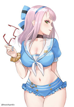 Rule 34 | 1girl, alternate costume, anarchyart, bikini, blue choker, blue nails, bow, breasts, choker, cleavage, cowboy shot, frilled bikini, frills, glasses, goddess of victory: nikke, green eyes, grey hair, hair bow, highres, holding, holding removed eyewear, looking at viewer, midriff, navel, neon (nikke), sailor collar, semi-rimless eyewear, solo, swimsuit, thigh gap, thighs, unworn eyewear, white background