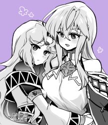 Rule 34 | 2girls, bare shoulders, breasts, circlet, fire emblem, fire emblem: genealogy of the holy war, fire emblem: thracia 776, frown, hug, julia (fire emblem), long hair, monochrome, multiple girls, nintendo, open mouth, sara (fire emblem), simple background, yukia (firstaid0)