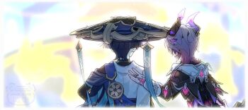 Rule 34 | 2boys, animal print, arms at sides, belt, bird print, black belt, black bodysuit, black bridal gauntlets, black coat, black hair, black horns, black sleeves, blue cape, blue hat, blunt ends, bodysuit, border, bridal gauntlets, cape, coat, collared coat, commentary request, crystal horns, dragon boy, dragon horns, dragon wings, durin (genshin impact), facing another, facing away, from behind, furisode, gem, genshin impact, gloves, gold, gold trim, hand on another's back, hat, horns, japanese clothes, jingasa, kimono, long sleeves, low wings, multicolored hair, multiple boys, pink gem, purple gem, purple hair, purple horns, purple sash, purple wings, sash, scaramouche (genshin impact), scene reference, short sleeves, streaked hair, turtleneck, turtleneck bodysuit, w 0reha, wanderer (genshin impact), watermark, white border, white gloves, white kimono, white sleeves, white trim, wings