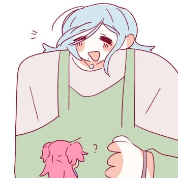 Rule 34 | 2girls, :d, = =, ?, anatomical nonsense, blue hair, broad shoulders, chinese commentary, commentary request, dress, facing another, green dress, grey shirt, hinomori shizuku, jewelry, long hair, mole, mole under mouth, momoi airi, multiple girls, necklace, notice lines, open mouth, pink hair, project sekai, sattou (style), shirt, size difference, smile, two side up, woodonly