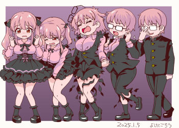 1boy 1girl adjusting_eyewear black_ribbon black_shoes black_skirt black_socks blush breasts brown_eyes embarrassed genderswap genderswap_(mtf) glasses hair_ribbon jirai_kei large_breasts open_mouth original pink_hair ribbon school_uniform sequential shoes skirt socks tearing_up transformation twintails yoshida_gorou