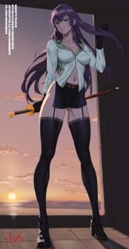 1girl black_gloves black_shoes black_skirt black_thighhighs blue_eyes boosty_username breasts busujima_saeko closed_mouth collarbone collared_shirt dvb evening from_inside full_body garter_straps gloves gluteal_fold green_shirt hand_up high_heels highres highschool_of_the_dead holding holding_behind_back holding_sword holding_weapon horizon katana long_hair medium_breasts microskirt navel ocean purple_hair school_uniform shirt shoes side_slit signature skirt sky solo standing sun sunset sword thighhighs weapon