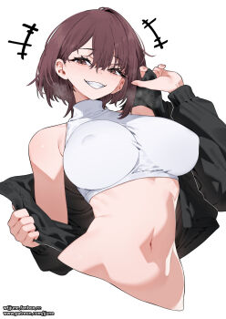 1girl black_jacket breasts brown_eyes brown_hair clenched_teeth covered_erect_nipples fanbox_username grin hair_between_eyes highres jacket jjune large_breasts navel open_clothes open_jacket original patreon_username short_hair simple_background smile solo stomach sweater teeth turtleneck turtleneck_sweater white_background white_sweater
