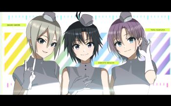 3girls antenna_hair asakura_toru bare_shoulders black_eyes black_hair blue_eyes blue_hair blush breasts brown_hair character_name closed_mouth dot_nose dress earrings elbow_gloves fox_shadow_puppet garrison_cap gloves gradient_hair grey_dress grey_hair grey_headwear hair_between_eyes hand_up hat highres idolmaster idolmaster_(classic) idolmaster_cinderella_girls idolmaster_cinderella_girls_starlight_stage idolmaster_million_live! idolmaster_million_live!_theater_days idolmaster_shiny_colors jewelry kikuchi_makoto letterboxed looking_at_viewer medium_breasts multicolored_background multicolored_hair multiple_girls open_mouth parted_bangs purple_eyes shiomi_syuko short_hair short_sleeves sleeveless sleeveless_dress small_breasts smile upper_body vivid_(key) voy@ger_(idolmaster) white_gloves