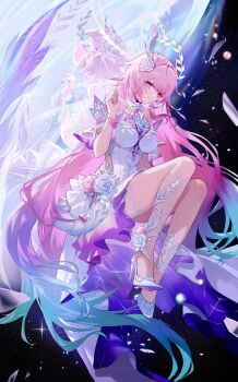 1girl absurdres ashukapeka bare_shoulders breasts closed_mouth cyrene_(honkai:_star_rail) cyrene_(ripples_of_past_reverie)_(honkai:_star_rail) different_reflection dress dress_flower flower full_body hair_flower hair_ornament hand_up high_heels highres honkai:_star_rail honkai_(series) long_hair looking_at_viewer pink_hair pointy_ears reflection shoes smile very_long_hair white_dress white_shoes