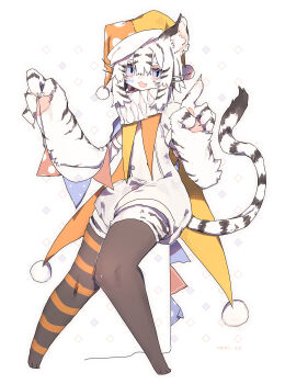 1girl absurdres animal_ear_fluff animal_hands argyle_background blue_eyes body_fur brown_thighhighs claws commentary_request full_body furry furry_female hat highres index_finger_raised jester jester_cap kaganoi_(nemi_ze) looking_at_viewer medium_hair neck_ruff original solo string_of_flags tail thighhighs tiger_girl whiskers white_background white_fur white_hair