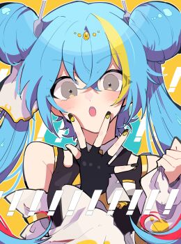 1girl alternate_costume alternate_hairstyle black_gloves black_nails blue_hair blush commentary_request detached_sleeves double_bun fingerless_gloves gloves grey_eyes hair_bun hatsune_miku highres long_hair looking_at_viewer nekoma_hikaru open_mouth orange_background solo twintails upper_body vocaloid