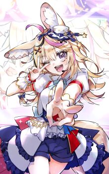 1girl :d ;d absurdres animal_ear_fluff animal_ears aqua_bow aqua_bowtie back_bow black_streaks blonde_hair blue_shorts blurry bokeh bow bowtie club_(shape) club_facial_mark commentary cowboy_shot depth_of_field double_v facial_mark foreshortening fox_ears fox_girl fox_tail frilled_skirt frills hat headset heart heart_facial_mark highres hololive hololive_idol_uniform_(bright) idol idol_clothes jacket long_hair looking_at_viewer mark_under_eye mini_hat multicolored_hair namonaki_yamada official_alternate_costume omaru_polka one_eye_closed open_mouth overskirt pink_streaks playing_card_theme projected_inset purple_eyes reaching reaching_towards_viewer sash shirt short-sleeved_jacket short_sleeves shorts skirt smile solo star-shaped_pupils star_(symbol) star_facial_mark streaked_hair symbol-shaped_pupils tail underbust v v_over_eye virtual_youtuber white_hat white_jacket white_overskirt white_shirt x_(symbol) x_facial_mark