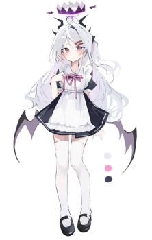 1girl ahoge apron black_halo blue_archive breasts commentary demon_girl demon_horns demon_wings full_body halo hashtag-only_commentary hina_(blue_archive) horns kiri_y long_hair looking_at_viewer low_wings maid maid_apron purple_eyes small_breasts solo standing thighhighs white_hair white_thighhighs wings