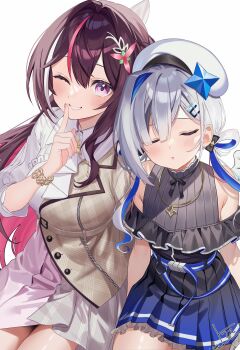 2girls ;d absurdres amane_kanata amane_kanata_(work) angel_wings ascot azki_(4th_costume)_(hololive) azki_(hololive) belt beret black_dress blue_belt blue_hair bracelet braid brown_jacket closed_eyes collared_dress colored_inner_hair commentary_request double-parted_bangs dress feathered_wings finger_to_mouth frilled_dress frills gradient_clothes gradient_dress grey_hair hair_intakes hair_ornament hair_rings hairclip half-jacket half_up_braid hand_up hat heads_together highres hololive jacket jewelry long_hair looking_at_viewer low_twintails mole mole_under_eye multicolored_hair multiple_girls necklace off-shoulder_dress off_shoulder official_alternate_costume official_alternate_hairstyle one_eye_closed open_mouth pink_hair pink_streaks pleated_dress purple_eyes short_dress shushing simple_background single_hair_intake single_sidelock sitting sleeping smile star_(symbol) star_necklace streaked_hair three-quarter_sleeves twintails uekana9 very_long_hair virtual_youtuber white_ascot white_background white_dress white_hair white_hat white_streaks white_wings wings