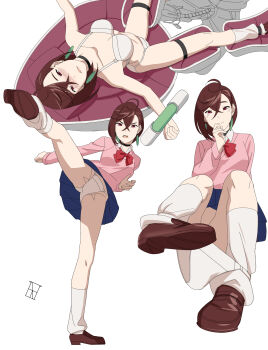 1girl absurdres angry artist_request ass ayase_momo black_choker blush bra breasts brown_eyes brown_footwear brown_hair cameltoe choker collarbone convenient_censoring crossed_bangs dandadan earrings eyelashes female_focus full_body gluteal_fold hair_between_eyes half-closed_eyes happy highres imminent_rape jewelry kicking leg_up leg_warmers legs looking_at_viewer looking_up matching_hair/eyes matching_underwear medium_breasts medium_hair midriff miniskirt multiple_views navel neck official_underwear outstretched_arms panties panties_around_leg pendant restrained scene_reference school_uniform shoes sidelocks simple_background sitting skirt smile spread_arms spread_legs standing standing_on_one_leg sweater swept_bangs thighs underwear underwear_only upskirt white_background white_bra white_panties