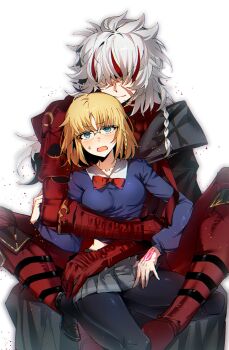 Rule 34 | 1boy, 1girl, alter servant, armor, artist request, black pantyhose, blonde hair, blue eyes, blush, braid, collared shirt, command spell, commentary request, commission, fate/strange fake, fate (series), glasses, grey hair, hetero, highres, hug, hug from behind, medium hair, multicolored hair, open mouth, pantyhose, red armor, red streaks, richard i (fate), sajou ayaka (fate/strange fake), scar, scar on face, second-party source, shirt, side braid, simple background, single braid, sitting, sitting between legs, smile, sweatdrop, sweater, white background