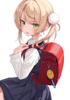 1girl aged_down azusa_(980650076) backpack bag black_dress blonde_hair blue_dress blush collared_shirt commentary_request crime_prevention_buzzer dress green_eyes hair_ornament highres indie_virtual_youtuber long_sleeves looking_at_viewer looking_to_the_side open_mouth pinafore_dress pom_pom_(clothes) pom_pom_hair_ornament randoseru red_bag school_uniform shigure_ui_(vtuber) shigure_ui_(young)_(vtuber) shirt short_hair shukusei!!_loli-kami_requiem sidelocks simple_background sitting sleeveless sleeveless_dress solo twintails virtual_youtuber white_background white_shirt yellow_eyes