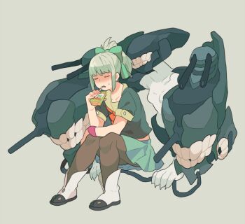 2girls abyssal_ship boots bow breasts claws closed_eyes commentary drink_carton emu_(eomou) green_bow green_hair green_skirt hair_bow ho-class_light_cruiser invisible_chair juice_box kantai_collection multiple_girls pantyhose ponytail short_sleeves sidelocks simple_background sitting skirt small_breasts sweat teeth white_boots wristband yuubari_(kancolle)