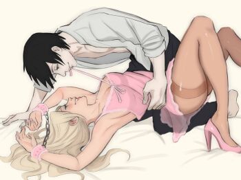 1boy 1girl absurdres armpits arms_up babydoll barefoot bdsm bed_sheet black_hair black_pants blonde_hair blush boruto:_naruto_next_generations bound bound_wrists breasts brown_pantyhose chain cleavage commentary couple cuffs english_commentary eye_contact from_side full_body fur_trim grin handcuffs hetero high_heels highres husband_and_wife large_breasts long_hair looking_at_another lying mouth_hold naruto_(series) on_back open_clothes open_shirt pale_skin pants pantyhose pink_babydoll pink_nails pink_ribbon pink_shoes profile ribbon sai_(naruto) shirt shoes short_hair simple_background sleeveless smile thighband_pantyhose very_short_hair white_shirt xmonday_mintx yamanaka_ino