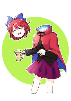 Rule 34 | 1girl, black shirt, blue bow, blue fire, bow, cape, closed eyes, commentary request, disembodied head, facing viewer, fire, floating head, hair bow, hajimakura, headless, highres, holding, kendama, long sleeves, open mouth, red cape, red hair, red skirt, ribbon-trimmed shirt, ribbon trim, sekibanki, shirt, short hair, skirt, smile, solo, touhou