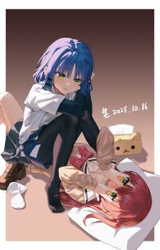 2girls :&gt; black_leggings blue_hair blush bocchi_the_rock! bow covering_face covering_own_face feet gradient_background hair_ornament head_on_pillow kita_ikuyo knees_up leggings legs long_hair long_sleeves looking_at_another lying mole mole_under_eye multiple_girls no_legwear no_shoes on_back on_ground open_mouth peeking_through_fingers pillow red_hair school_uniform shirt shoes short_hair side_ponytail sitting sitting_on_lap sitting_on_person skirt smile soapla tissue_box toes unworn_shoes white_shirt yamada_ryo yellow_eyes