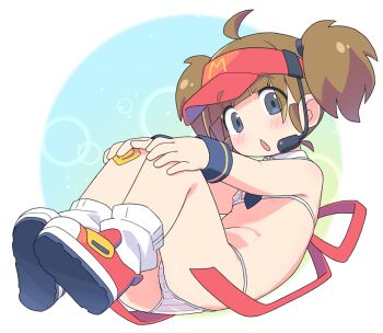 1girl :o ahoge back_bow bikini blue_eyes blue_necktie blue_wrist_cuffs bow brown_hair collar detached_collar flat_chest full_body gauze_on_knee hands_on_own_knees hat headset hiro_hiroki imadake_dabuchi_tabemi loli mcdonald's multicolored_bikini navel necktie open_mouth pink_bikini red_bow red_hat red_shoes shoes short_hair short_twintails sneakers socks solo stomach striped_bikini striped_clothes swimsuit twintails two-tone_bikini visor_cap white_bikini white_collar white_socks wrist_cuffs
