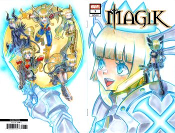 1girl :d armor barcode black_bodysuit black_boots black_horns black_pantyhose black_shorts black_thighhighs blonde_hair blue_eyes blunt_bangs bodysuit boots breasts character_name cleavage cleavage_cutout clenched_hands clothing_cutout copyright_logo cover_sketch crown fer_yoshimiya fingerless_gloves gloves grey_armor hashtag-only_commentary highres holding holding_sword holding_weapon horns logo long_hair magik_(eldritch_armor)_(x-men) magik_(phoenix_demon)_(x-men) magik_(retro_x-uniform)_(x-men) magik_(x-men) marvel marvel_rivals midriff multiple_persona official_alternate_costume open_mouth pantyhose pauldrons red_gloves shorts shoulder_armor single_pauldron smile solo spiked_pauldrons spikes superhero_costume sword thighhighs torn_clothes torn_pantyhose traditional_media weapon white_background x-men yellow_boots yellow_gloves