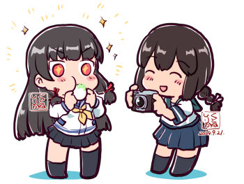 +_+ artist_logo asymmetrical_legwear black_hair black_skirt blue_sailor_collar braid camera chibi dated eating hair_ribbon isokaze_(kancolle) isonami_(kancolle) kanji_connection kantai_collection kneehighs kutone_shirika logo long_hair low_twintails name_connection neckerchief pleated_skirt red_eyes ribbon sailor_collar sailor_shirt school_uniform serafuku shirt simple_background single_kneehigh single_sock single_thighhigh skirt socks standing taking_picture thighhighs tress_ribbon twin_braids twintails uneven_legwear white_background white_shirt yellow_neckerchief