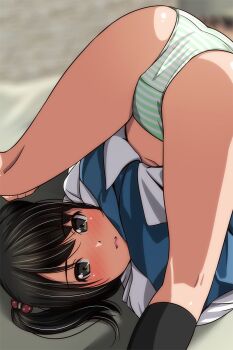 1girl ass black_eyes black_hair black_socks blush contortion crotch flexible folded from_above green_panties highres legs loli looking_at_viewer looking_through_own_legs lying matsunaga_kouyou medium_hair navel nose_blush original panties pantyshot parted_lips school_uniform shadow shirt socks solo spread_legs stomach striped_clothes striped_panties swept_bangs thighs two_side_up underwear white_shirt