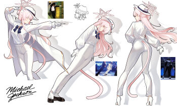 1girl absurdres akira_(blue_archive) animal_ear_fluff animal_ears anti-gravity_lean black_choker blue_archive blue_bow blue_bowtie bow bowtie brooch cat_ears cat_girl cat_tail chibi chibi_inset choker coat coat_on_shoulders collared_shirt colored_eyelashes commentary_request dong_(art_woodong) fedora gloves half_updo halo hand_on_headwear hat high-waist_pants high_heels highres jewelry korean_commentary leaning_forward long_hair michael_jackson multiple_views open_collar pants photo_inset pink_hair pink_halo pointing pose_imitation red_eyes reference_inset shirt shoes signature smooth_criminal tail white_coat white_gloves white_hat white_pants white_shirt