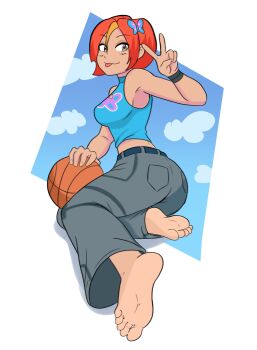 1girl 2026 absurdres armband ass baggy_pants ball barefoot basketball_(object) blonde_streaks blue_shirt blue_sky border breasts bug butterfly butterfly_(planetronika) butterfly_hair_ornament cleavage cleavage_cutout clothing_cutout commentary crop_top cropped_shirt day english_commentary feet full_body hair_between_eyes hair_ornament halterneck highres insect looking_at_viewer medium_breasts medium_hair multicolored_hair navel orange_hair outdoors pants planetronika shirt sky smile soles streaked_hair taterdouce tongue tongue_out upper_body v white_border