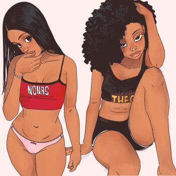 1girl 2girls black_hair black_shirt black_shorts breasts crop_top dark-skinned_female dark_skin dolphin_shorts grey_background highres jesus_aponza long_hair looking_at_viewer messy_hair midriff multiple_girls navel original panties pink_panties red_tank_top rosa_(jesus_aponza) shirt shorts simple_background sleeveless sleeveless_shirt small_breasts tank_top underwear