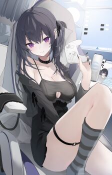 1girl barbell_piercing bare_shoulders black_collar black_hair black_nails black_ribbon black_skirt breasts camisole can chair collar controller ear_piercing fingernails game_controller gaming_chair grey_camisole grey_jacket grey_socks hair_ribbon high-waist_skirt highres holding holding_controller holding_game_controller ichinose_uruha indoors jacket light_smile long_fingernails looking_at_viewer medium_breasts momochi_tamalu off_shoulder piercing purple_eyes ribbon sitting skirt socks solo spaghetti_strap striped_clothes striped_socks swivel_chair thigh_strap twintails virtual_youtuber vspo!