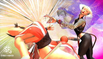 2girls a.k.i._(street_fighter) bare_legs breasts brown_hair catfight copyright_logo fatal_fury fighting fingernails hand_fan highres holding holding_fan lipstick logo long_fingernails makeup multiple_girls ninja no_bra obi punching ryona saliva sash shiranui_mai sideboob snake street_fighter street_fighter_6 symbolism white_hair