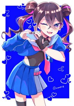 belt digimon digimon_beatbreak heart looking_at_viewer maro11z one_eye_closed sakai_honoka skirt smile wink