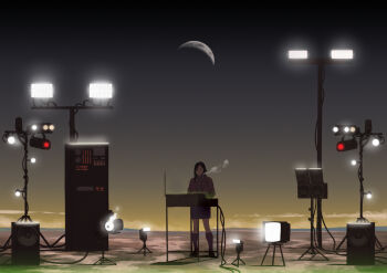 Rule 34 | 1girl, antennae, bad id, bad pixiv id, black hair, breath, commentary, computer, crescent moon, female focus, flood light, instrument, keyboard (instrument), moon, original, shiira, sky, solo, speaker, television