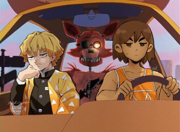 2024 3boys a_goofy_movie agatsuma_zenitsu artist_name bags_under_eyes bare_arms bare_shoulders black_jacket blonde_hair blue_sky blunt_bangs blunt_ends brown_eyes brown_hair building buttons car closed_mouth coat collarbone colored_tips commentary crossover dark-skinned_male dark_skin double-parted_bangs driving english_commentary five_nights_at_freddy&#039;s foxy_(fnaf) frown goof_troop hair_behind_ear hair_between_eyes hand_on_own_cheek hand_on_own_face hand_up hands_up hatching_(texture) highres jacket jitome kel_(faraway)_(omori) kel_(omori) kimetsu_no_yaiba layered_sleeves madnopost male_focus motor_vehicle multicolored_hair multiple_boys no_pupils no_sclera omocat_(style) omori open_clothes open_coat orange_coat orange_hair orange_tank_top outdoors pink_sky scene_reference short_hair sky sweatdrop tank_top triangle_print turtleneck turtleneck_jacket two-tone_hair upper_body upturned_eyes v-shaped_eyebrows watermark yellow_eyes