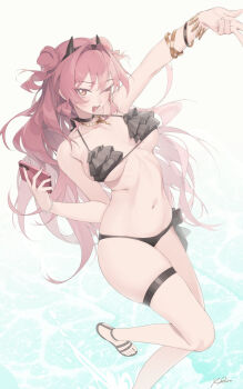 1girl absurdres arm_up bangle bikini black_bikini black_choker black_sandals blue_archive bracelet breasts cellphone choker commentary_request double_bun fake_horns frilled_bikini frills hair_bun highres holding holding_phone horns jewelry kirara_(genshin_impact) kuroshiro_ti large_breasts long_hair necklace no_halo one_eye_closed open_mouth phone pink_eyes pink_hair sandals signature skindentation smartphone solo swimsuit thigh_strap water