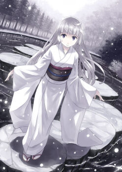 1girl day dutch_angle female_focus full_body grey_background grey_eyes grey_theme hime_cut ice japanese_clothes kimono light_smile long_hair long_sleeves original outdoors sandals sleeves_past_wrists snow snowing solo standing tabi tree water white_hair white_theme winter winter_clothes yakka yukata yuki_onna zouri