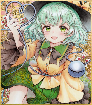 1girl artist_name black_bow black_bowtie black_hat blush bow bowtie buttons commentary_request copyright_name diamond_button eyeball floral_print frilled_shirt_collar frilled_sleeves frills green_eyes green_hair green_skirt hat hat_bow heart heart_of_string komeiji_koishi long_sleeves looking_at_viewer marker_(medium) open_mouth print_skirt rose_print s.mamiya shirt skirt smile solo third_eye touhou traditional_media wide_sleeves yellow_bow yellow_shirt