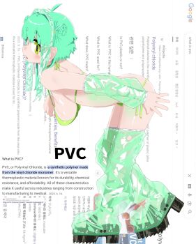 1girl ahoge arms_at_sides bent_over bikini blush boots breasts definition english_text from_side google green_bikini green_eyes green_hair hanging_breasts highres medium_breasts open_mouth original papyopyo see-through_clothes see-through_sleeves short_hair solo swimsuit text_background webpage