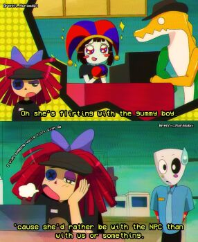 1990s_(style) 1boy 3girls asymmetrical_gloves blue_eyes blue_gloves blush_stickers brenni_murasaki brown_hair colored_skin comedic_sweatdrop commentary drunk gangle_(the_amazing_digital_circus) gloves gummigoo hat highres jester jester_cap mismatched_gloves multicolored_eyes multiple_girls pomni_(the_amazing_digital_circus) puffy_sleeves ragatha_(the_amazing_digital_circus) red_eyes red_gloves retro_artstyle scene_reference striped_clothes striped_headwear symbol-only_commentary the_amazing_digital_circus two-tone_eyes