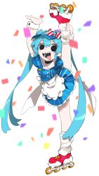 Rule 34 | 1girl, :p, absurdres, apron, aqua hair, arms up, back bow, black choker, black eyes, blue dress, blue hat, blurry, blurry background, bow, buttons, cheri zao, choker, confetti, crazy, crazy smile, dress, hair bow, hair intakes, hat, hatsune miku, highres, holding own leg, leg up, long hair, looking at viewer, loose socks, mesmerizer (vocaloid), open mouth, pinstripe dress, pinstripe hat, pinstripe pattern, red footwear, roller skates, sharp teeth, simple background, skates, smile, socks, solo, split, standing, standing on one leg, standing split, striped bow, striped clothes, striped dress, teeth, tongue, tongue out, twintails, vertical-striped clothes, vertical-striped dress, very long hair, visor cap, vocaloid, white apron, white background, white bow, white socks