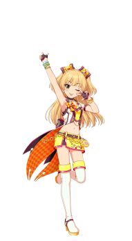 1girl belt blonde_hair boots bow bracelet fingerless_gloves full_body gloves green_eyes high_heel_boots high_heels idol_clothes idolmaster idolmaster_cinderella_girls idolmaster_cinderella_girls_starlight_stage jewelry jougasaki_rika midriff navel official_art one_eye_closed one_leg_raised pointing pointing_up skirt solo thigh_boots tongue tongue_out transparent_background twintails v