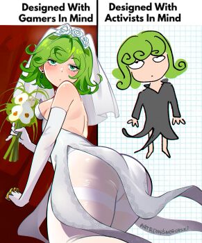 1girl ass black_dress blush brass_knuckles breasts bridal_veil closed_mouth commentary curly_hair designed_with_gamers_in_mind_(meme) dress earrings elbow_gloves english_commentary english_text flower from_behind gloves green_eyes green_hair highres jewelry looking_at_viewer looking_back medium_hair meme multiple_views one-punch_man panties panties_under_pantyhose pantyhose patreon_username pelvic_curtain saitama_(one-punch_man) sleeveless sleeveless_dress small_breasts snegovski tatsumaki thick_thighs thighband_pantyhose thighs underwear veil weapon wedding_dress white_dress white_flower white_gloves white_panties white_pantyhose