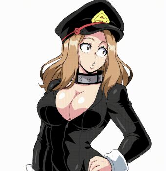 1girl animated animated_gif arms_under_breasts bodysuit boku_no_hero_academia bouncing_breasts breasts brown_eyes brown_hair cleavage collar female_focus hat large_breasts lewdamone long_hair long_sleeves nipples no_bra one_eye_closed open_bodysuit open_clothes peaked_cap simple_background smile solo tongue tongue_out undressing upper_body utsushimi_kemii white_background wink wrist_cuffs